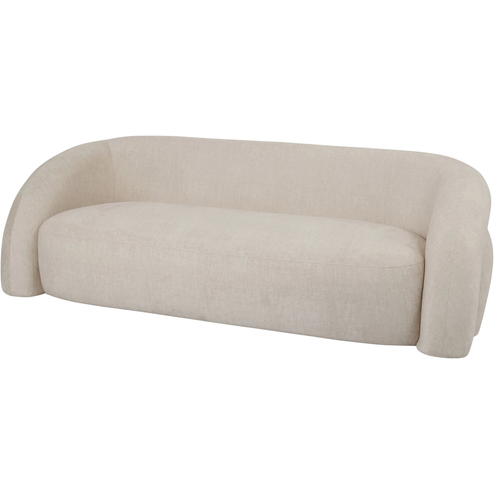 Cream fabric two-seater sofa with rounded arms and back.