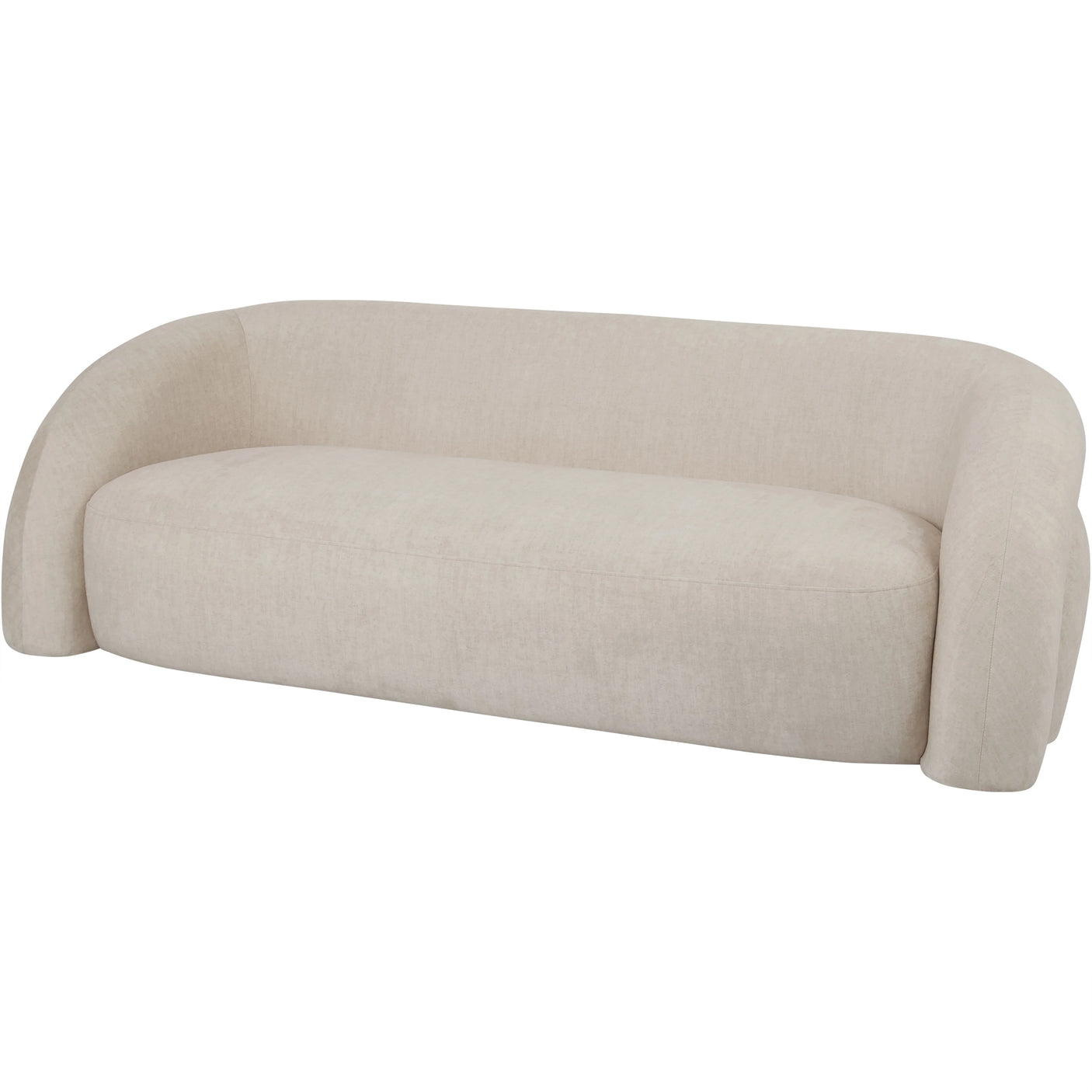Cream fabric two-seater sofa with rounded arms and back.