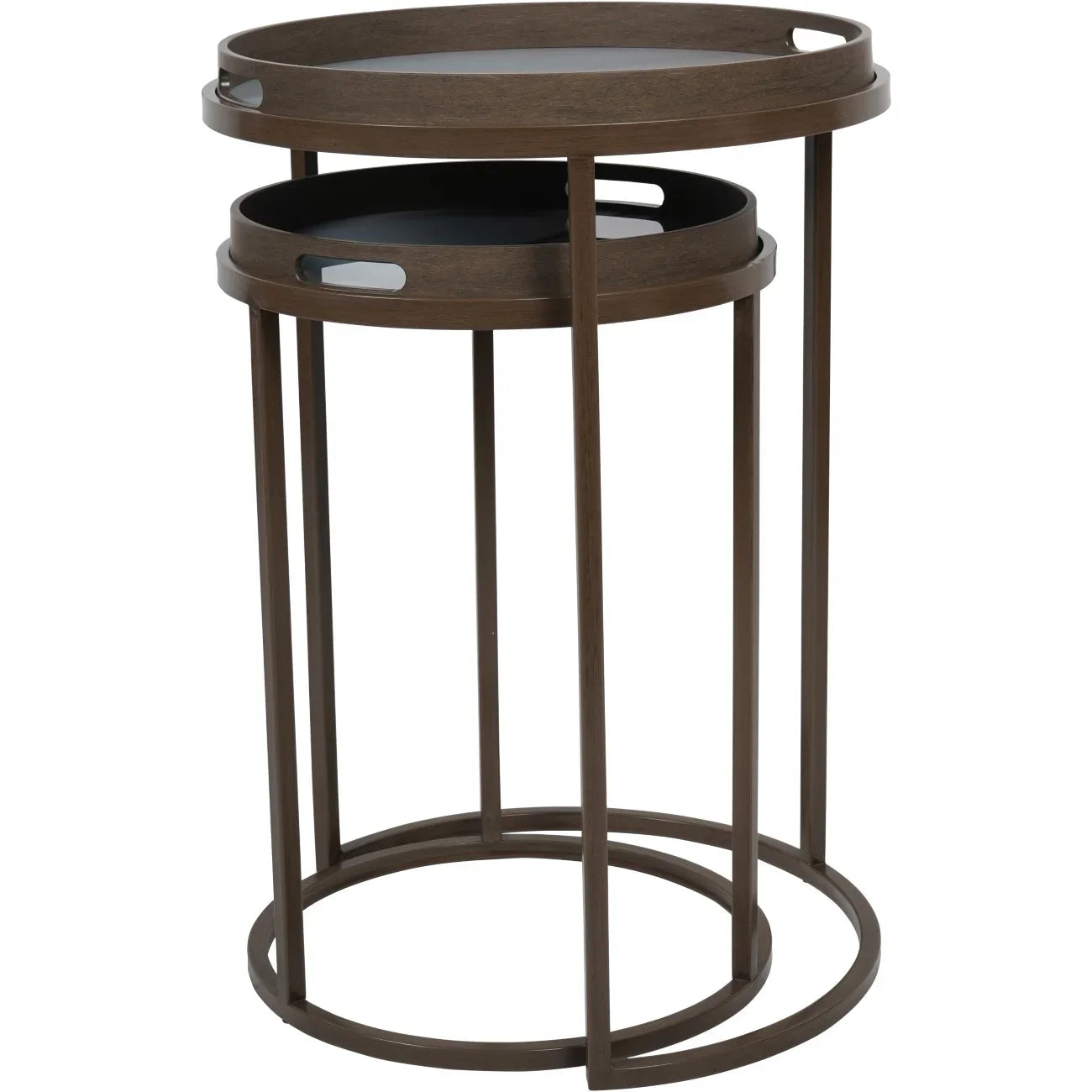 Brown nesting tray tables with circular tops and sleek metal frames.