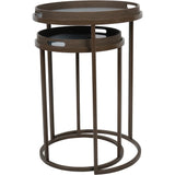Brown nesting tray tables with circular tops and sleek metal frames.