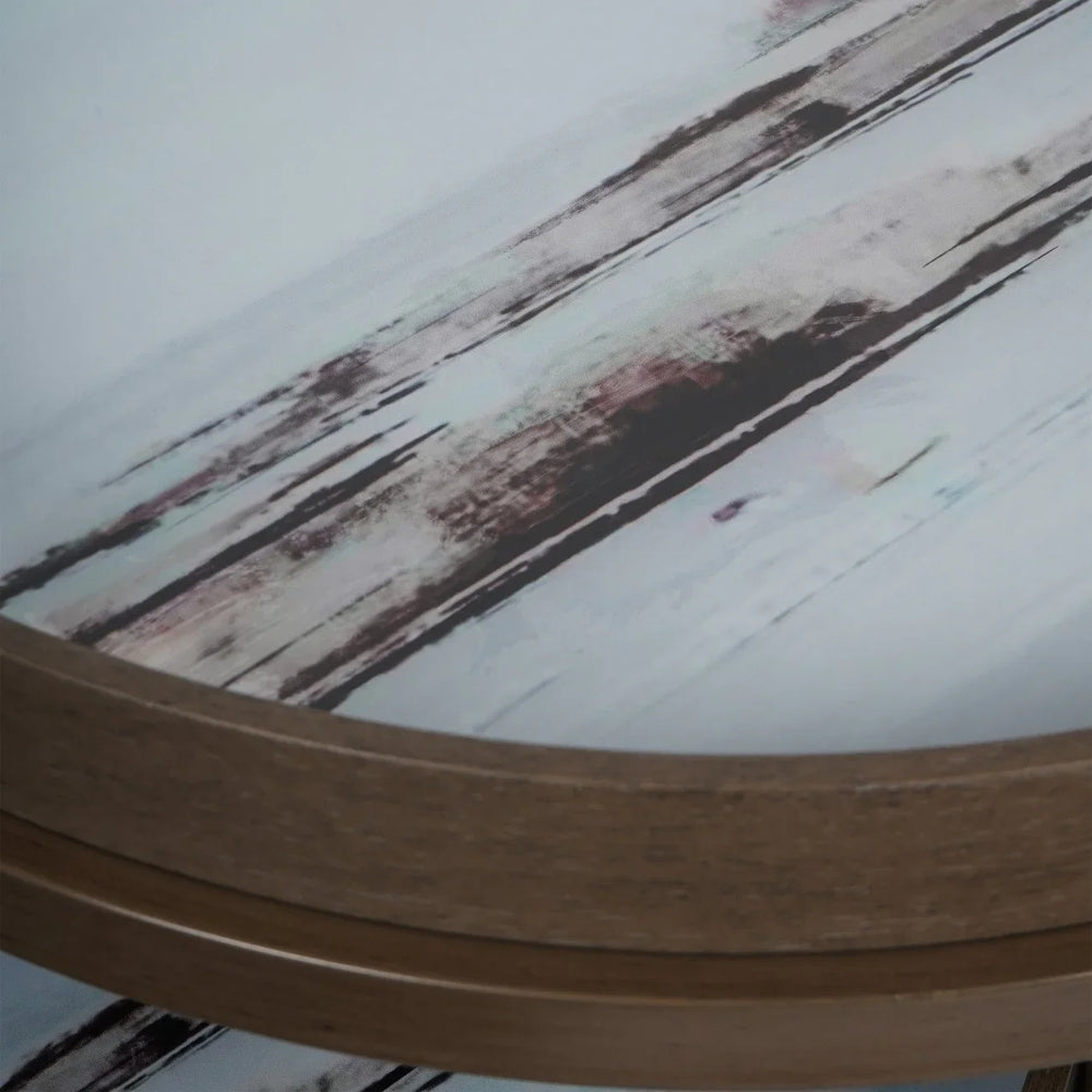 Blurred abstract pattern on round tray table with wood edge.