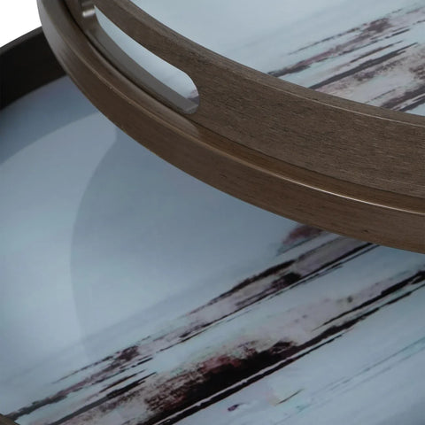 Wooden tray table with seascape design and cut-out handle detail.