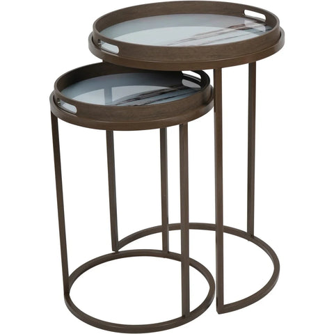 Brown wooden side tray tables with blurred seascape design | Home Centre Direct UK