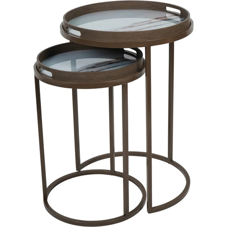 Brown wooden side tray tables with blurred seascape design | Home Centre Direct UK