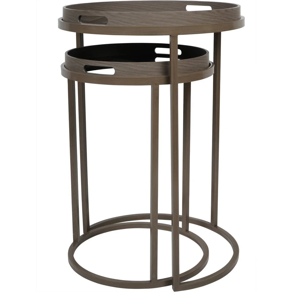 Taupe nested side tables with circular tray tops and sleek legs.
