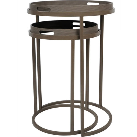 Taupe nested side tables with circular tray tops and sleek legs.