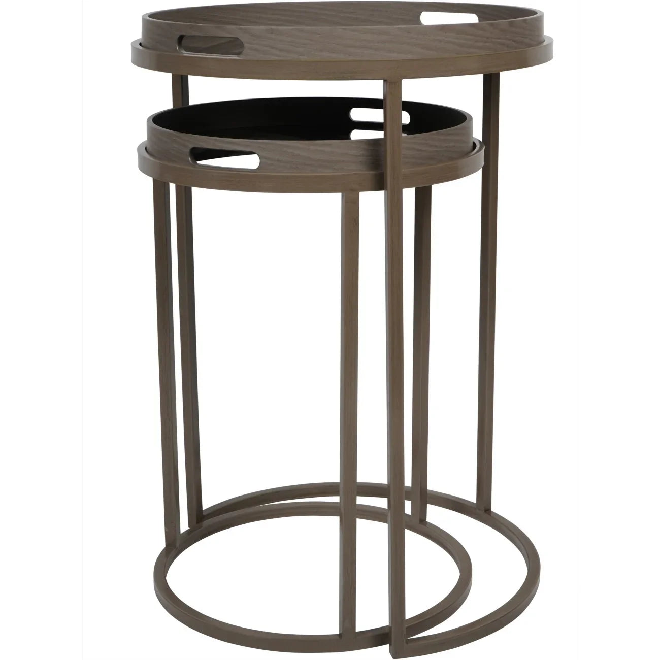 Taupe nested side tables with circular tray tops and sleek legs.