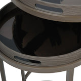 Taupe side tables with glossy black tray surfaces stacked together.