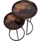 Round brown tray tables with burst pattern tops, nested together.