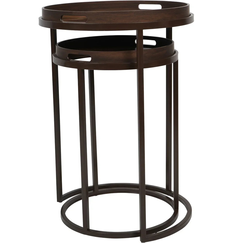 Dark wood nesting tables with circular trays and open handles.