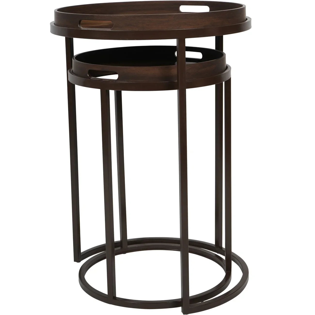 Dark wood nesting tables with circular trays and open handles.