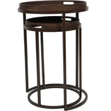 Dark wood nesting tables with circular trays and open handles.