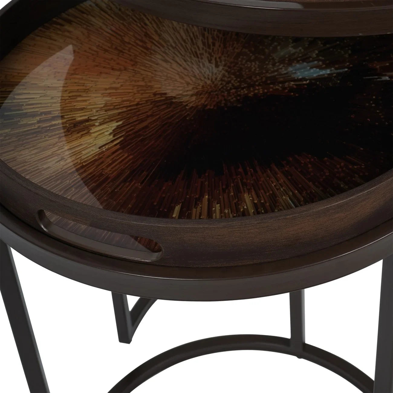 Dark brown tray table with a radiant burst pattern on the surface.
