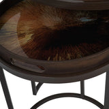 Dark brown tray table with a radiant burst pattern on the surface.