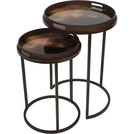 Dark wooden round tray tables with artistic tops | Home Centre Direct UK