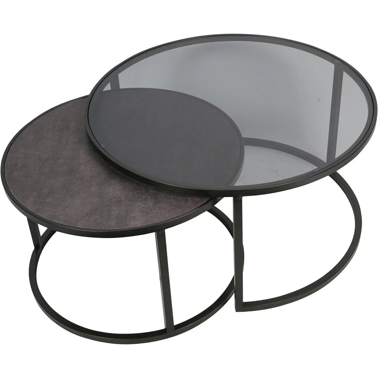 Black metal nesting tables with glass and dark wood tops.
