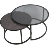 Black metal nesting tables with glass and dark wood tops.