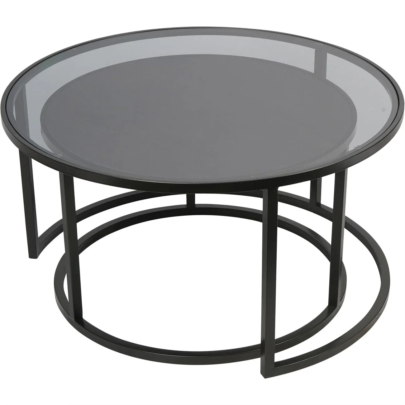 Black metal nesting tables with glass tops, one tucked under the other.