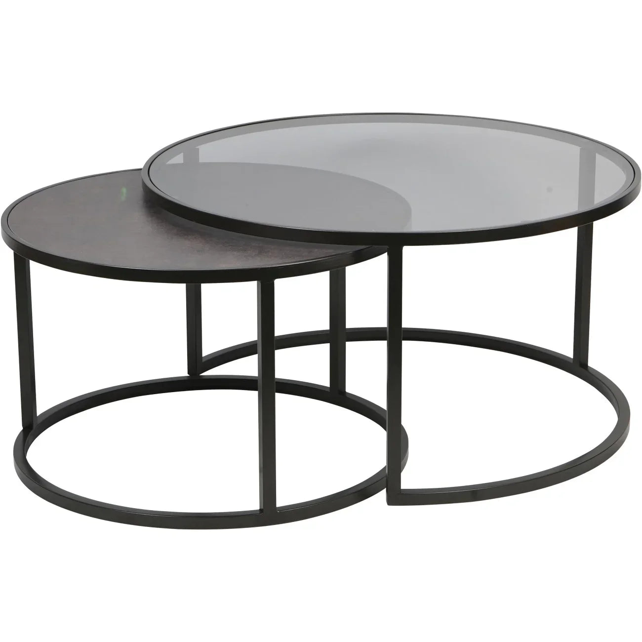 Black metal nesting coffee tables with glass and wood tops | Home Centre Direct UK