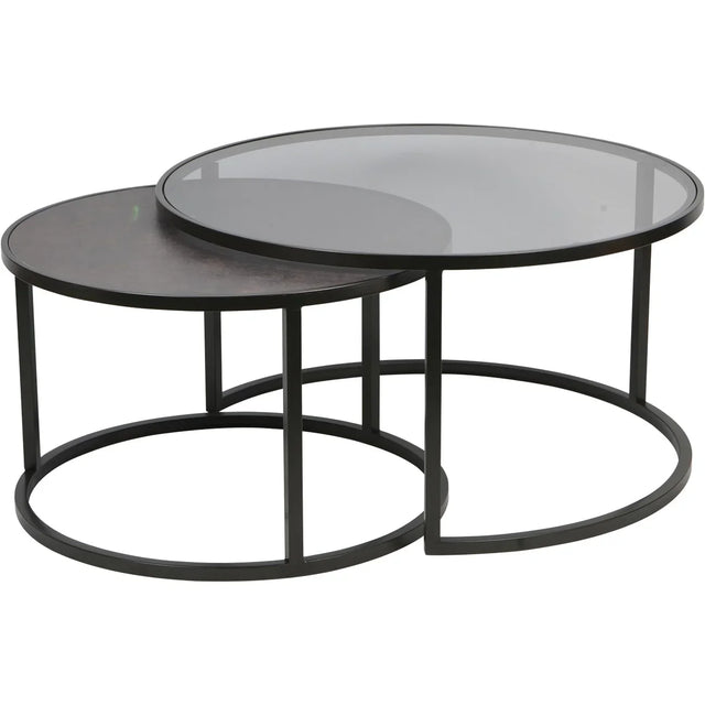 Black metal nesting coffee tables with glass and wood tops | Home Centre Direct UK