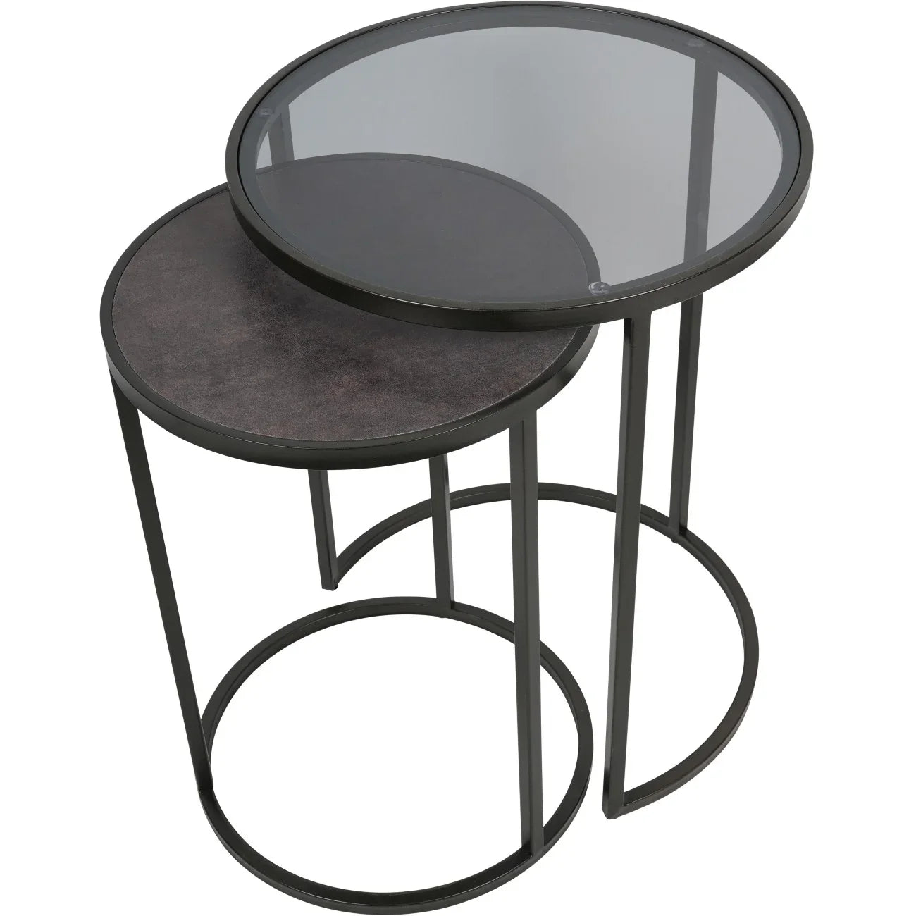 Black metal nesting tables with glass and wood tops.