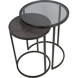 Black metal nesting tables with glass and wood tops.