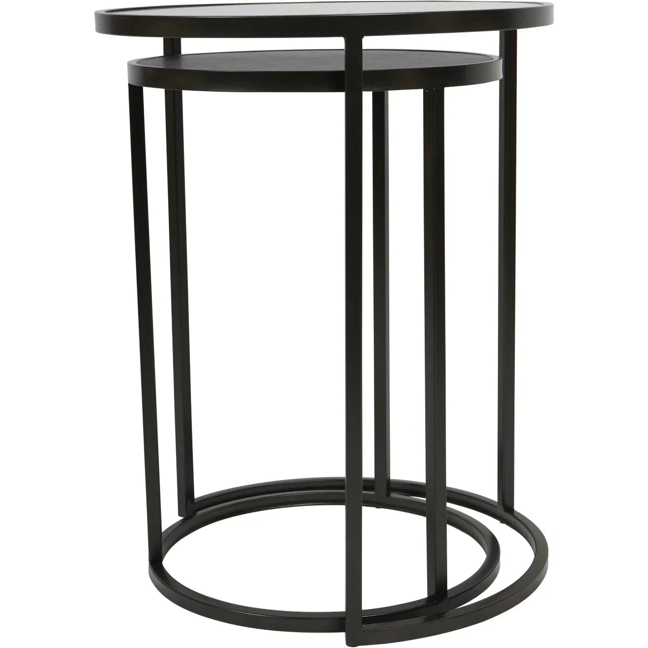 Black metal nesting tables with round tops and sleek frames.