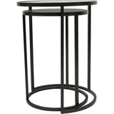 Black metal nesting tables with round tops and sleek frames.