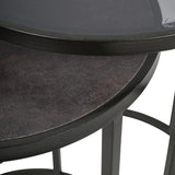Dark nesting tables with glass and textured surfaces.