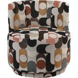 Patterned velvet swivel chair with geometric design in earthy tones.