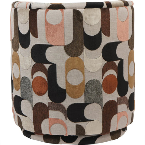Geometric patterned chair with multicolored velvet fabric.