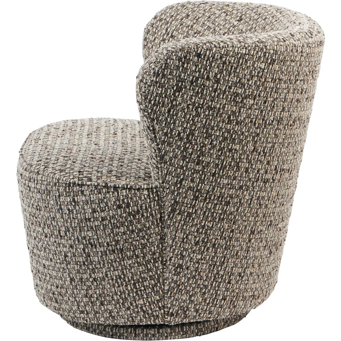 Mocha swivel chair with textured slub fabric, side view.