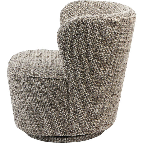 Mocha swivel chair with textured slub fabric, side view.