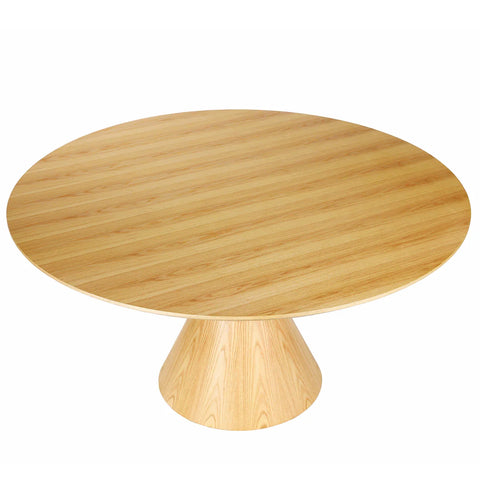 Light wood round table with a conical pedestal base, showcasing a smooth grain pattern.