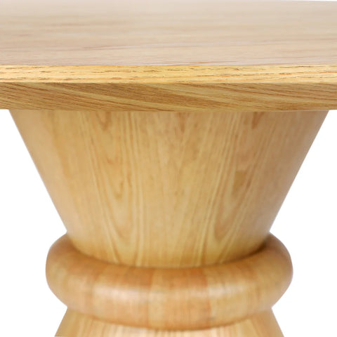 Natural wood pedestal base with smooth grain detail.