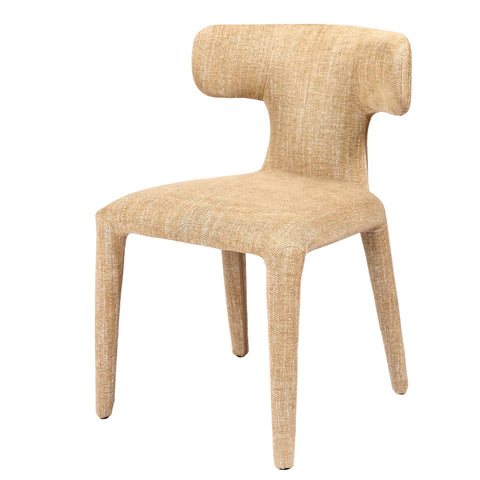 Wheat-colored upholstered dining chair with curved backrest.
