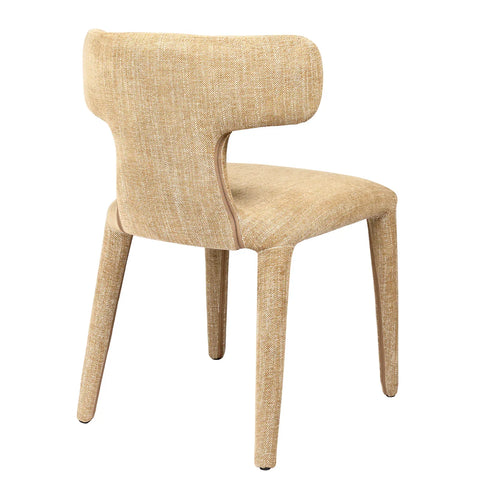 Wheat-toned upholstered dining chair with curved backrest and textured fabric.