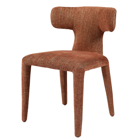 Brown upholstered dining chair with textured fabric and curved backrest.