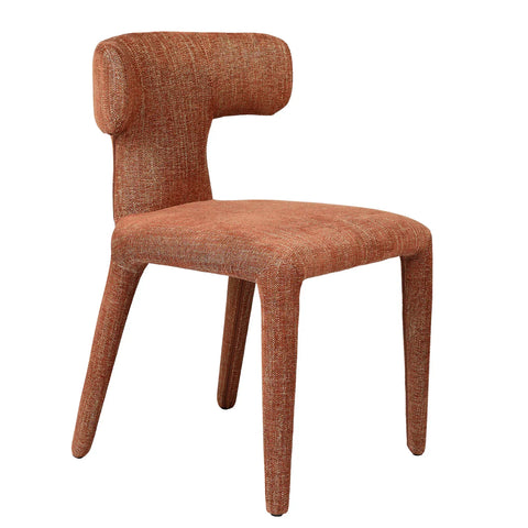 Brown upholstered dining chair with textured fabric and curved backrest.