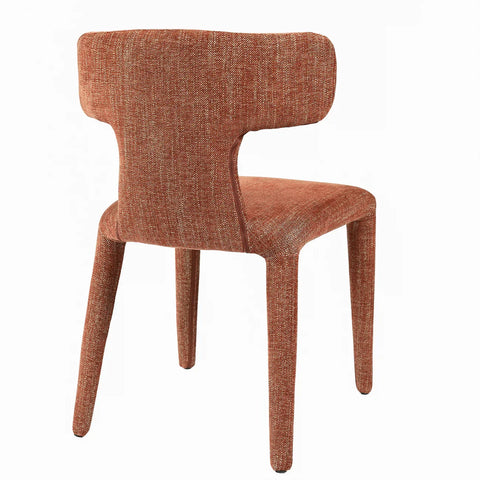 Brown upholstered dining chair with curved backrest design.