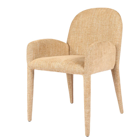 Wheat-colored upholstered dining chair with curved arms and backrest.