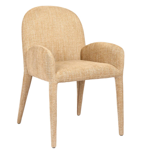 Wheat-colored upholstered dining chair with curved arms and legs.