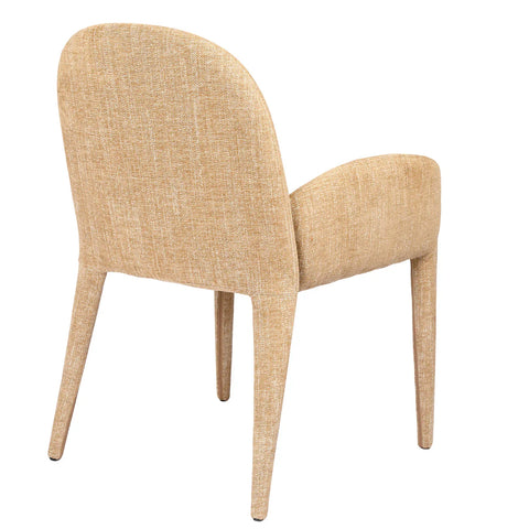 Wheat-colored upholstered chair with curved back and tapered legs.