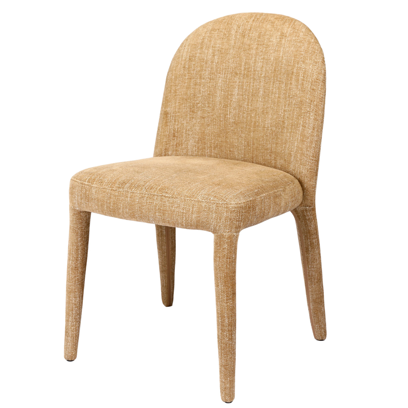 Wheat-colored upholstered dining chair with curved back and textured fabric.