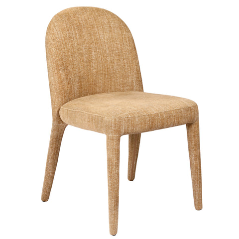 Wheat-colored upholstered dining chair with curved back and tapered legs.