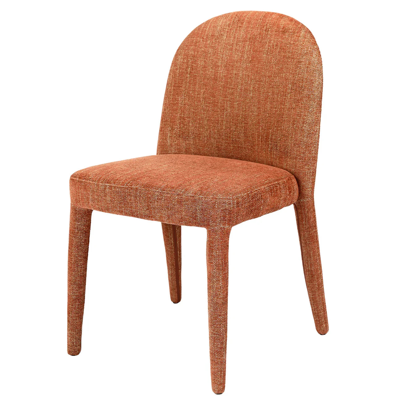 Brown upholstered dining chair with rounded back and textured fabric.