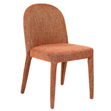Rust-colored upholstered dining chair with rounded back and textured fabric.