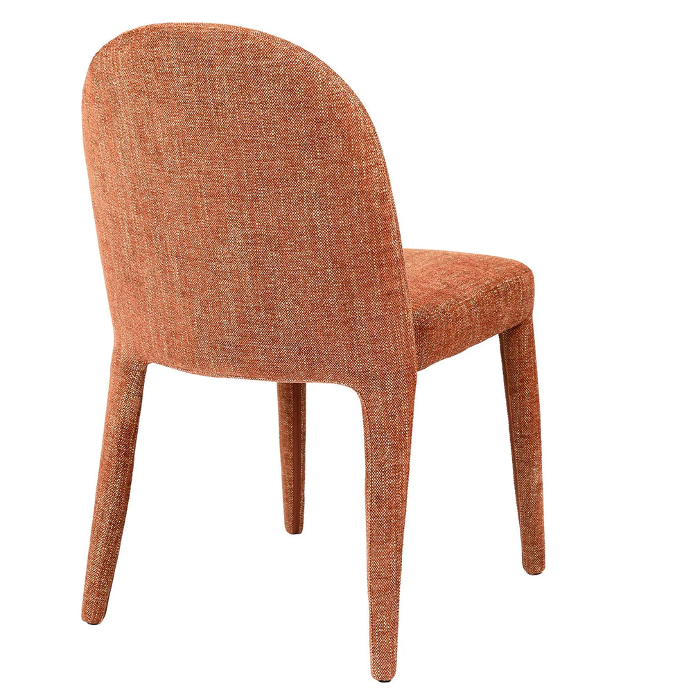 Brown upholstered dining chair with curved backrest and textured fabric.