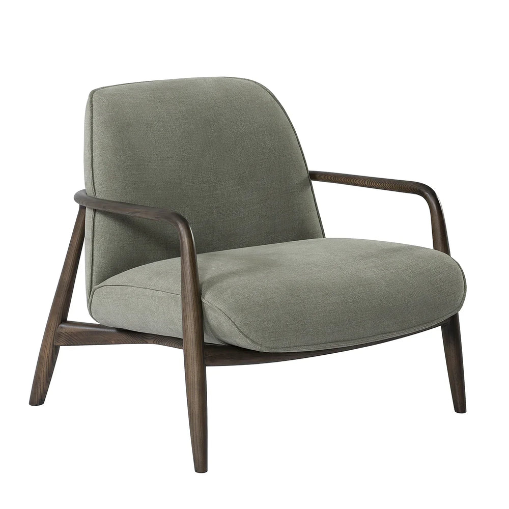 Green fabric chair with curved wooden arms and legs, angled view.