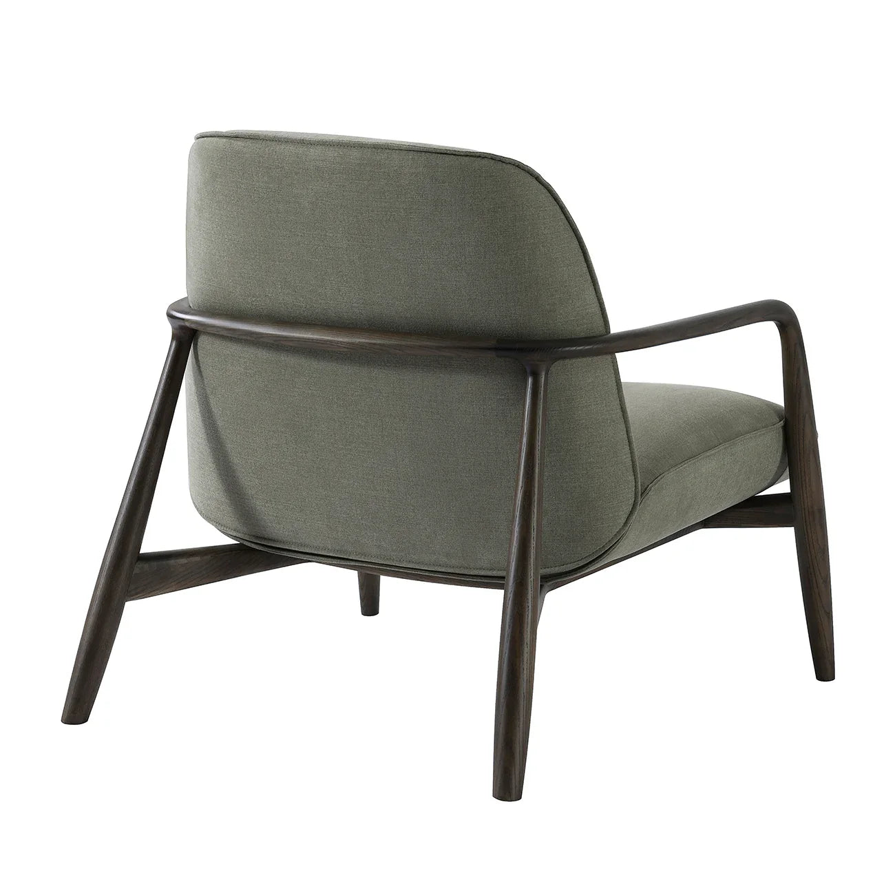 Green fabric chair with curved wooden arms, rear view.